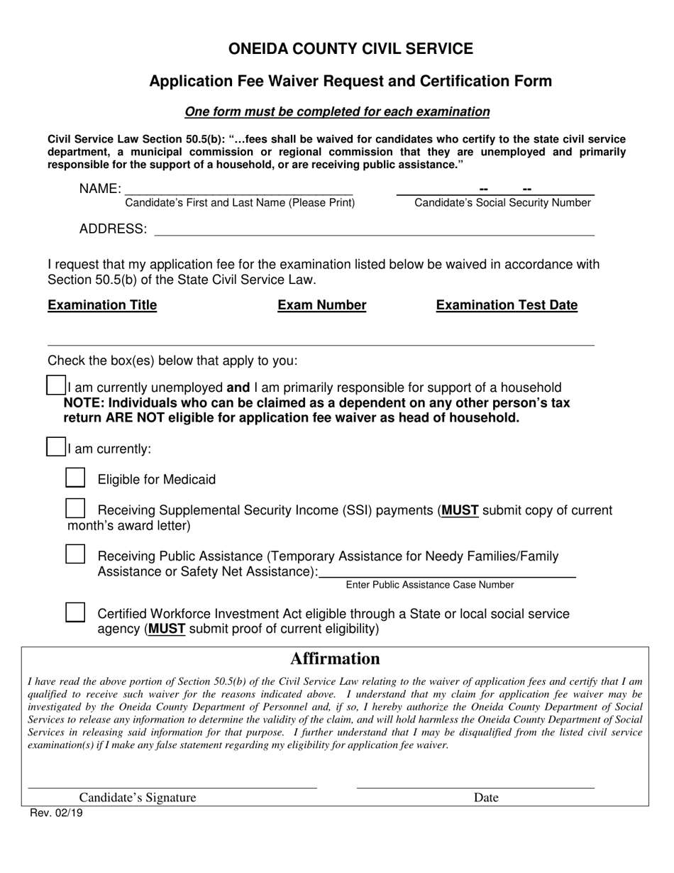 Application Fee Waiver Request and Certification Form - Oneida County, New York, Page 1