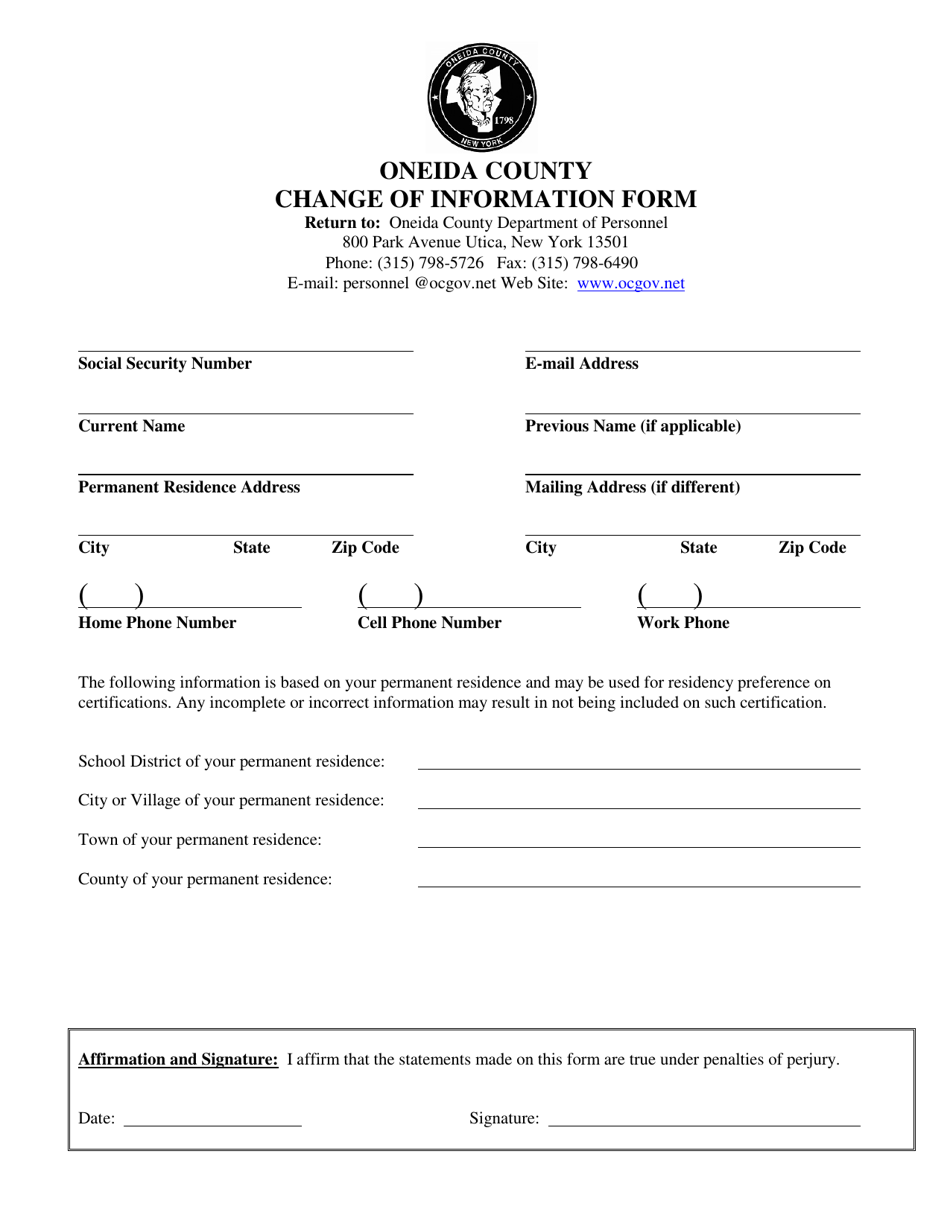 Change of Information Form - Oneida County, New York, Page 1