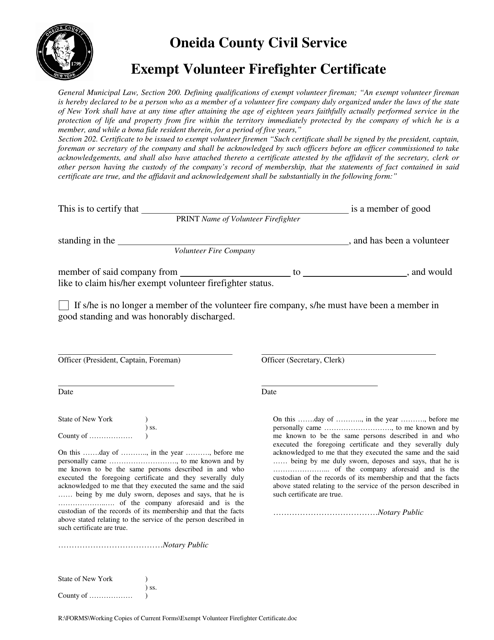 Exempt Volunteer Firefighter Certificate - Oneida County, New York Download Pdf