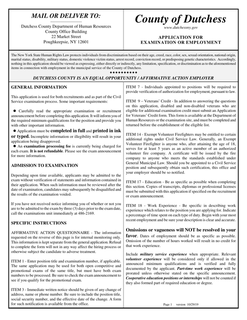 Application for Examination or Employment - Dutchess County, New York Download Pdf