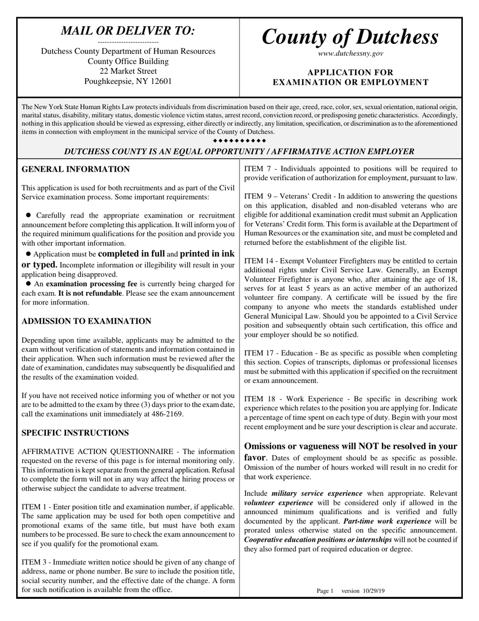 Application for Examination or Employment - Dutchess County, New York, Page 1