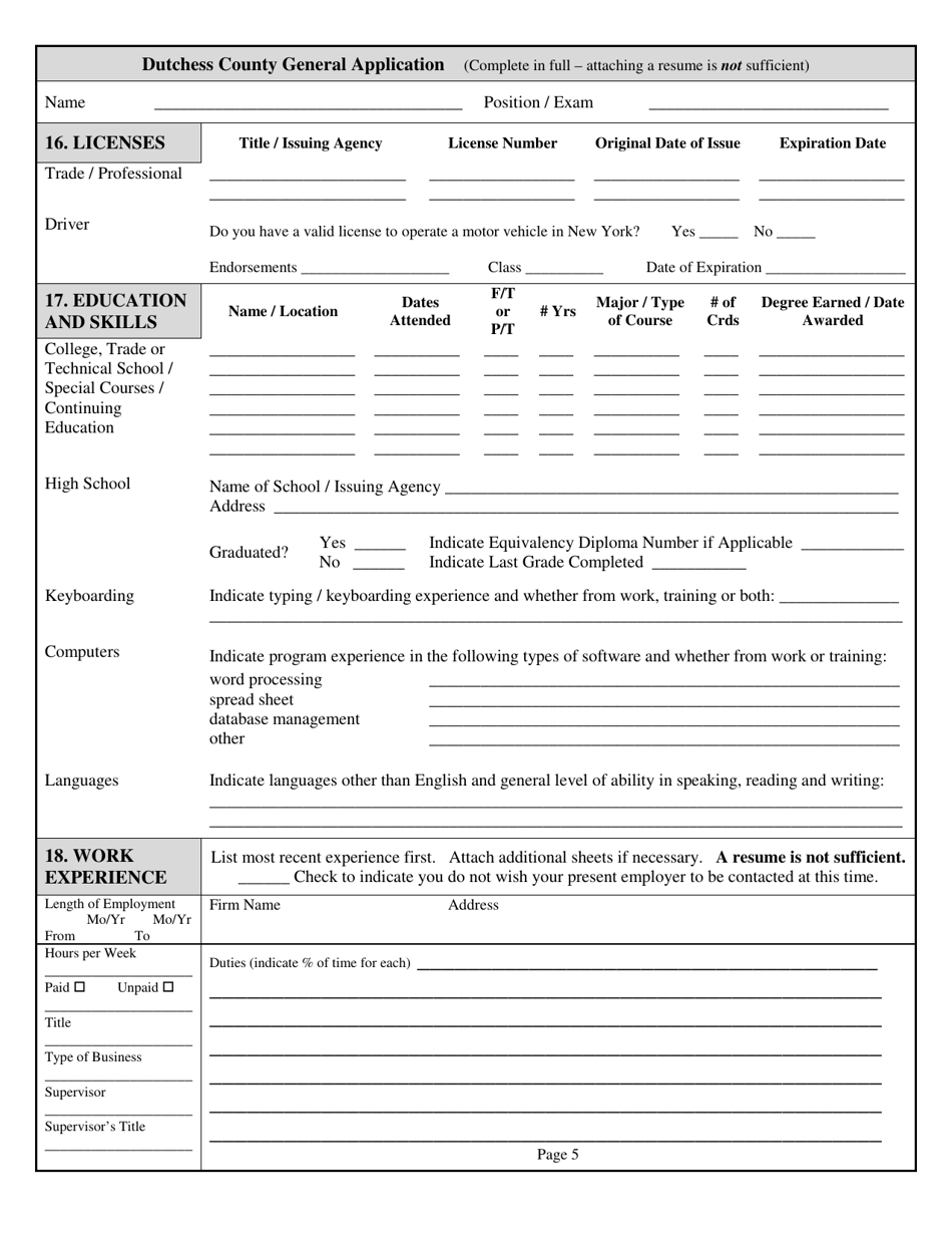 Application for Examination or Employment - Dutchess County, New York, Page 5