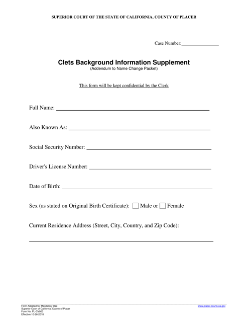Form PL-CV003 Clets Background Information Supplement - County of Placer, California