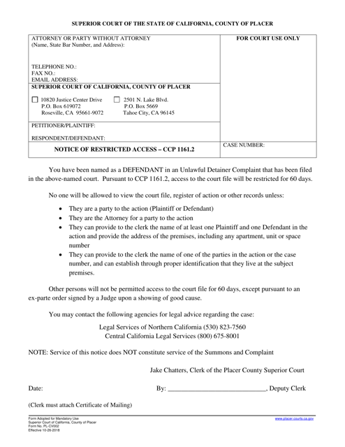 Form PL-CV002 Notice of Restricted Access - County of Placer, California