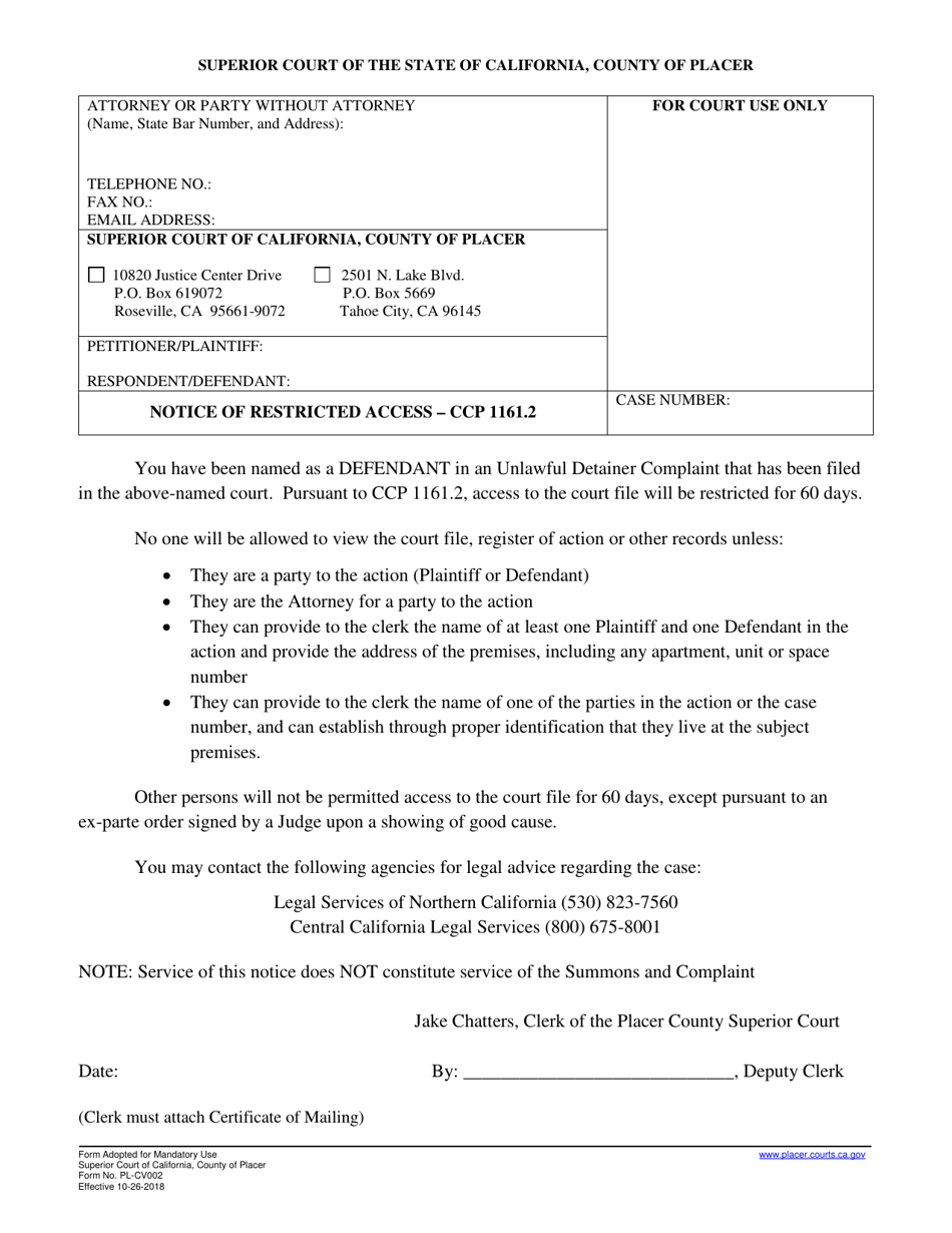 Form PL-CV002 Notice of Restricted Access - County of Placer, California, Page 1