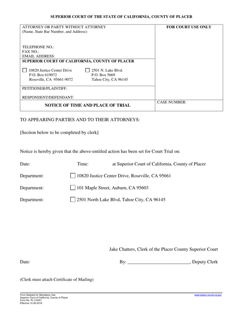Form PL-CV001 Notice of Time and Place of Trial - County of Placer, California