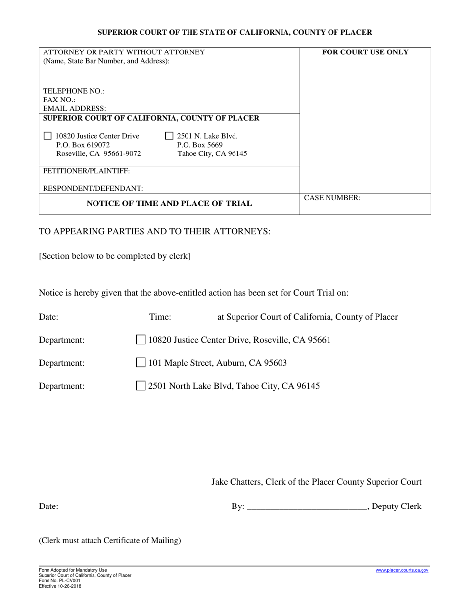 Form PL-CV001 Notice of Time and Place of Trial - County of Placer, California, Page 1
