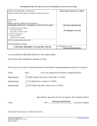 Document preview: Formulario PL-CV001 Aviso Del Horario Y Lugar Del Juicio - County of Placer, California (Spanish)