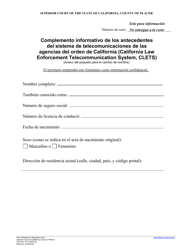 Document preview: Formulario PL-CV003 Complemento Informativo De Los Antecedentes Del Sistema De Telecomunicaciones De Las Agencias Del Orden De California (Clets) - County of Placer, California (Spanish)