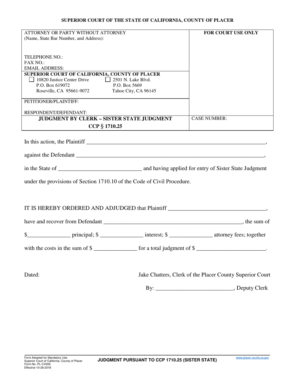 Form PL-CV009 Judgment by Clerk - Sister State Judgment - County of Placer, California, Page 1