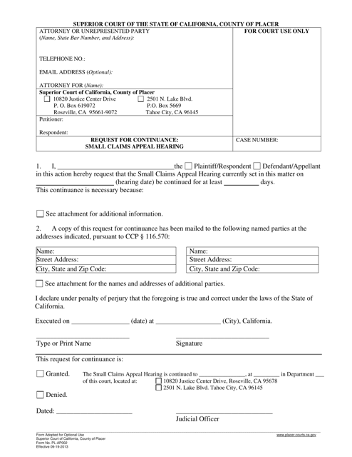 Form PL-AP002 Request for Continuance - Small Claims Appeal Hearing - County of Placer, California