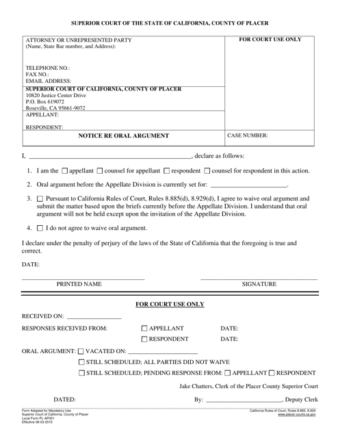 Form PL-AP001 Notice Re Oral Argument - County of Placer, California