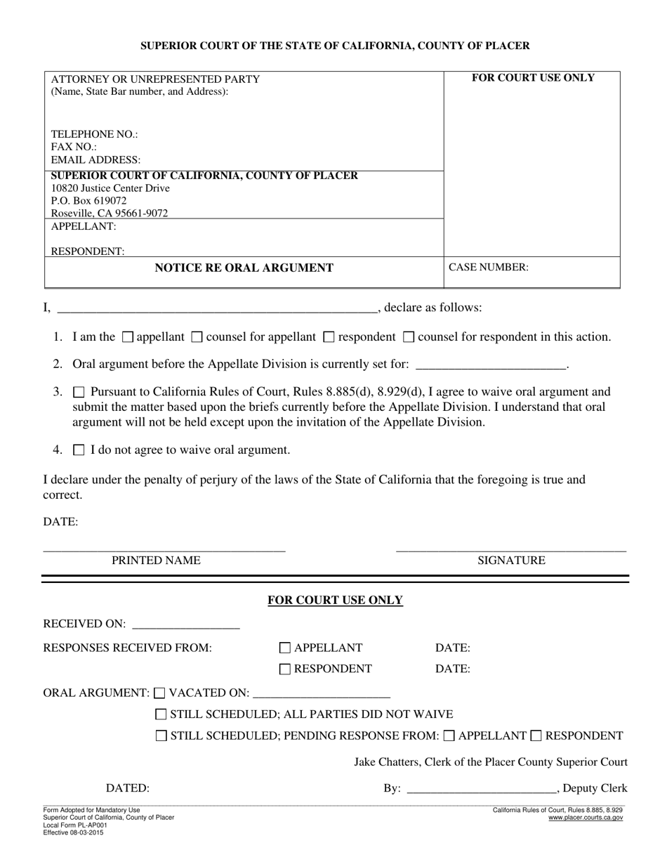 Form PL-AP001 Notice Re Oral Argument - County of Placer, California, Page 1