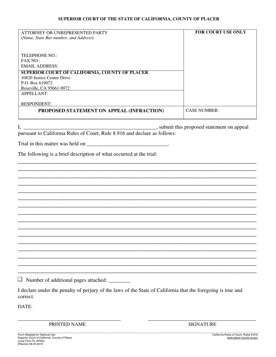 Form PL-AP003 Proposed Statement on Appeal (Infraction) - County of Placer, California, Page 1