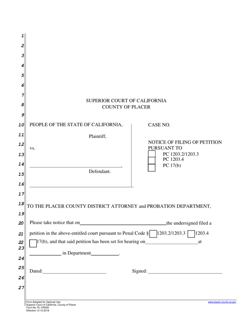 Form PL-CR009 Notice of Filing of Petition - County of Placer, California