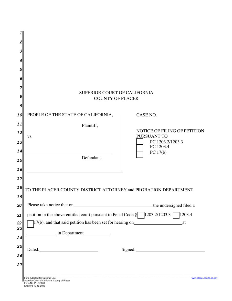 Form PL-CR009 Notice of Filing of Petition - County of Placer, California, Page 1