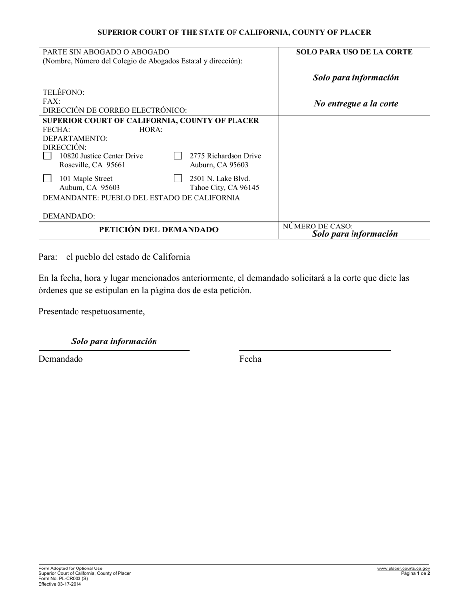 Formulario PL-CR003 Peticion Del Demandado - County of Placer, California (Spanish), Page 1