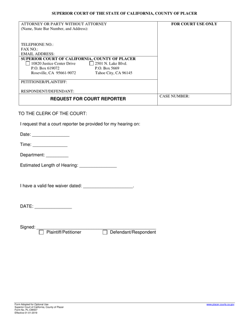 Form PL-CW007 Request for Court Reporter - County of Placer, California