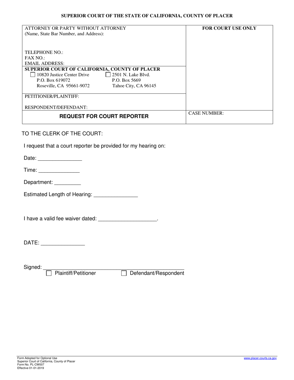 Form PL-CW007 Request for Court Reporter - County of Placer, California, Page 1