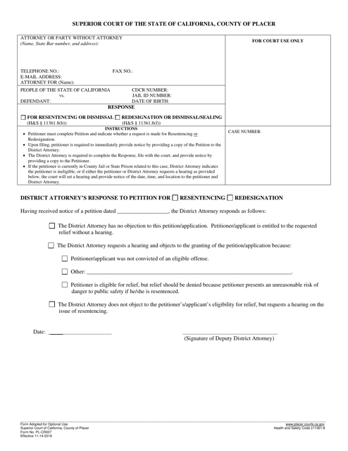 Form PL-CR007 Response for Resentencing or Dismissal/Redesignation or Dismissal/Sealing - County of Placer, California