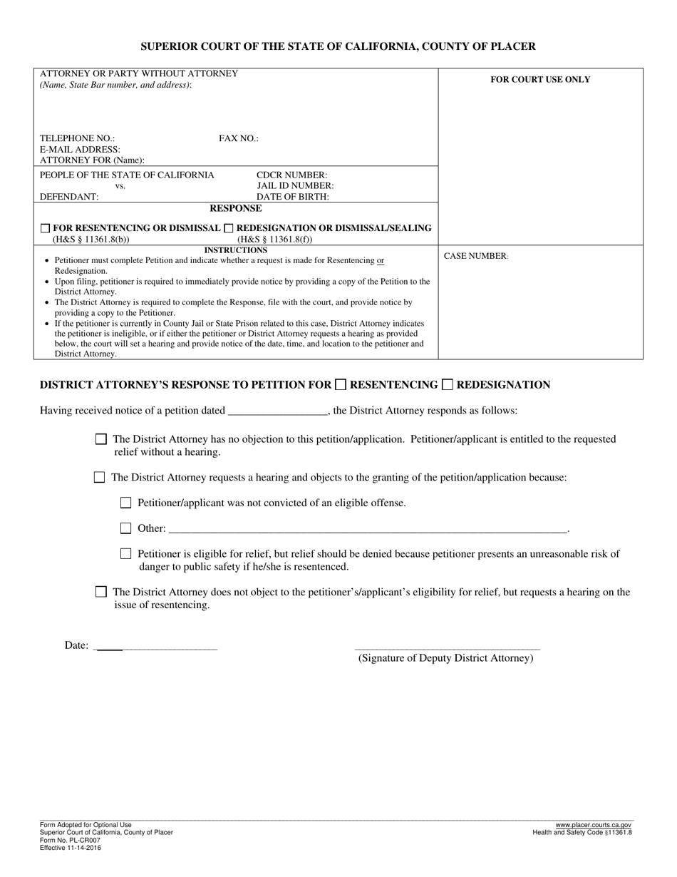 Form PL-CR007 Response for Resentencing or Dismissal / Redesignation or Dismissal / Sealing - County of Placer, California, Page 1