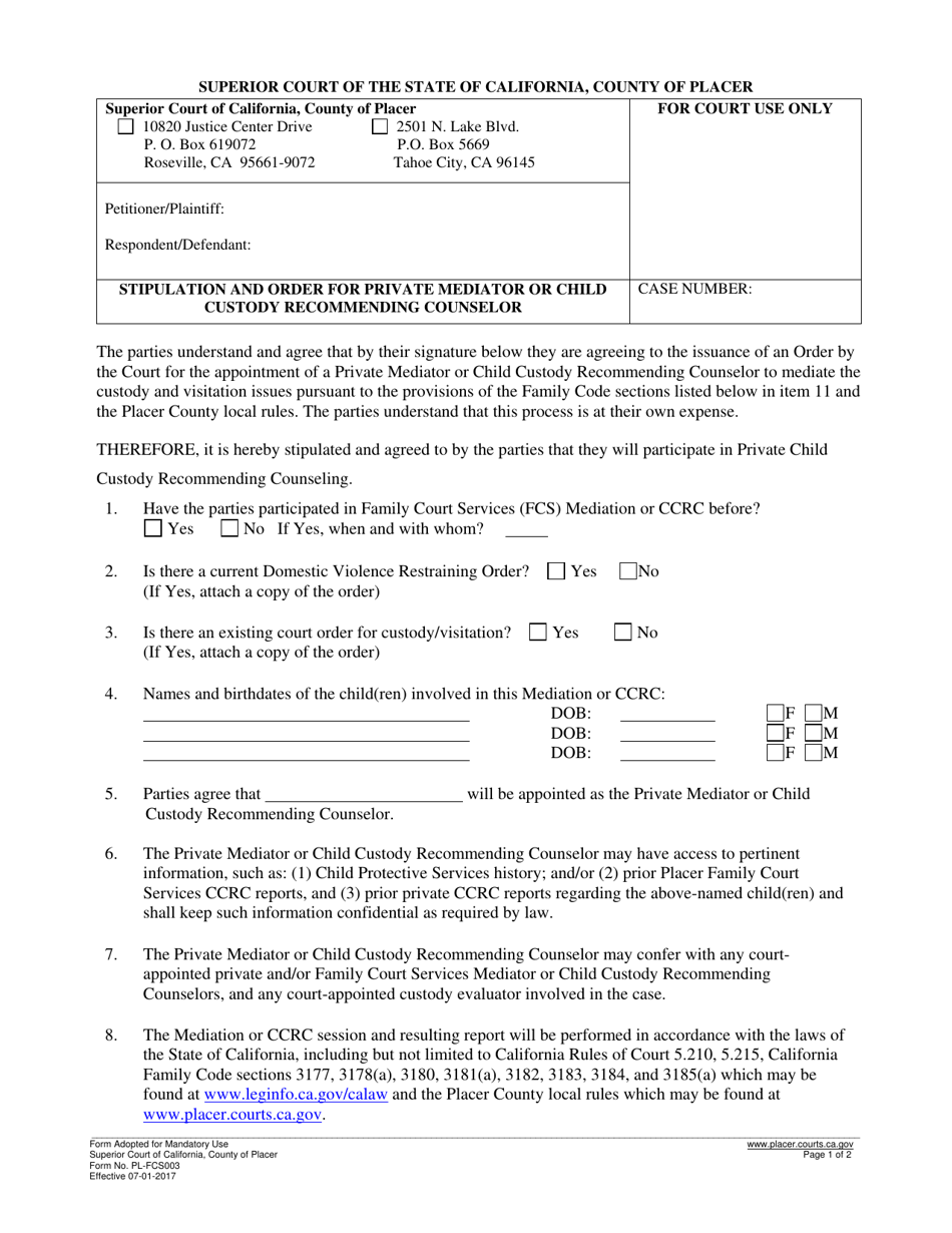 Form PL-FCS003 Stipulation and Order for Private Mediator or Child Custody Recommending Counselor - County of Placer, California, Page 1