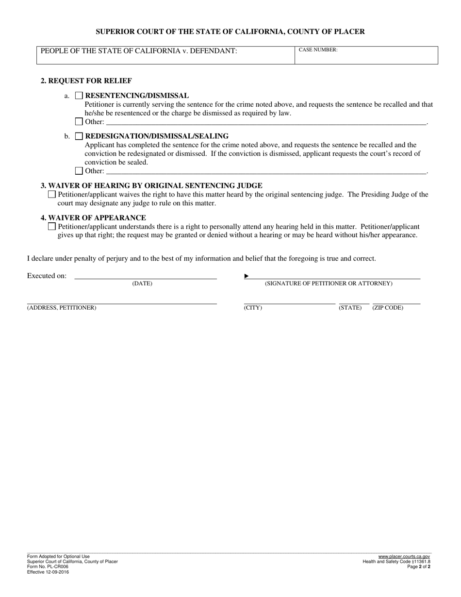 Form PL-CR006 Proposition 64 Petition - County of Placer, California, Page 2
