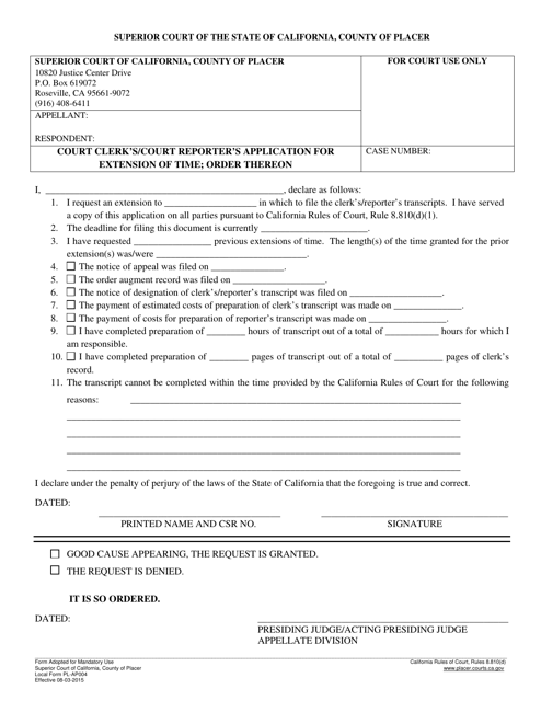 Form PL-AP004 Court Clerk's/Court Reporter's Application for Extension of Time; Order Thereon - County of Placer, California