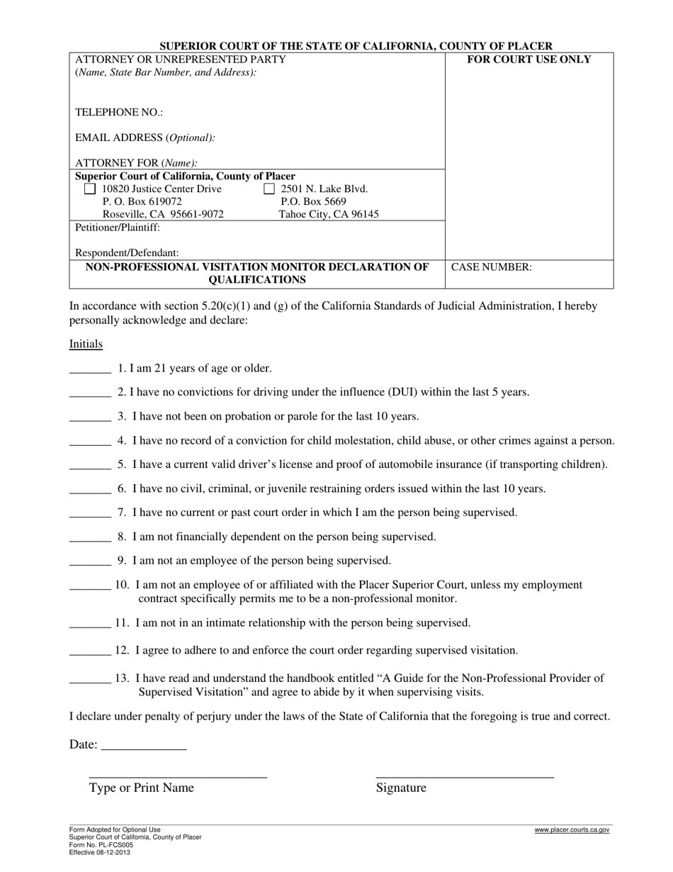 Form PL-FCS005 Non-professional Visitation Monitor Declaration of Qualifications - County of Placer, California, Page 1