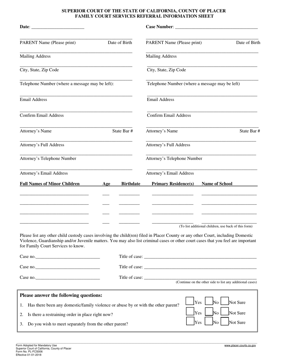 Form PL-FCS006 Family Court Services Referral Information Sheet - County of Placer, California, Page 1