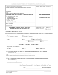 Document preview: Formulario PL-FL001 Derecho Familiar - Solicitud Para Programacion Predeterminada - County of Placer, California (Spanish)