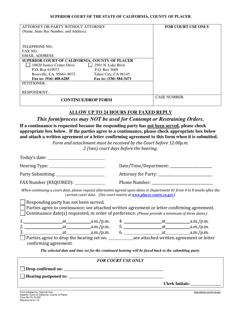 Form PL-FL005 Continue / Drop Form - County of Placer, California, Page 1