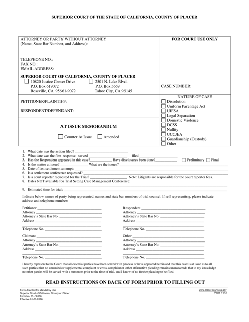Form PL-FL006 At Issue Memorandum - County of Placer, California