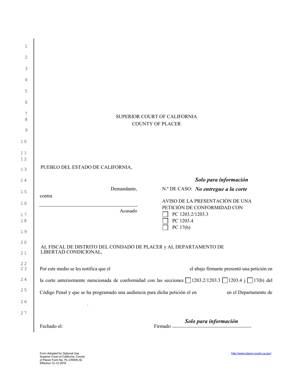Formulario PL-CR009 Aviso De La Presentacion De Una Peticion De Conformidad - County of Placer, California (Spanish), Page 1