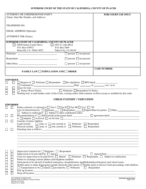 Form PL-FL012 Family Law Stipulation and Order - County of Placer, California