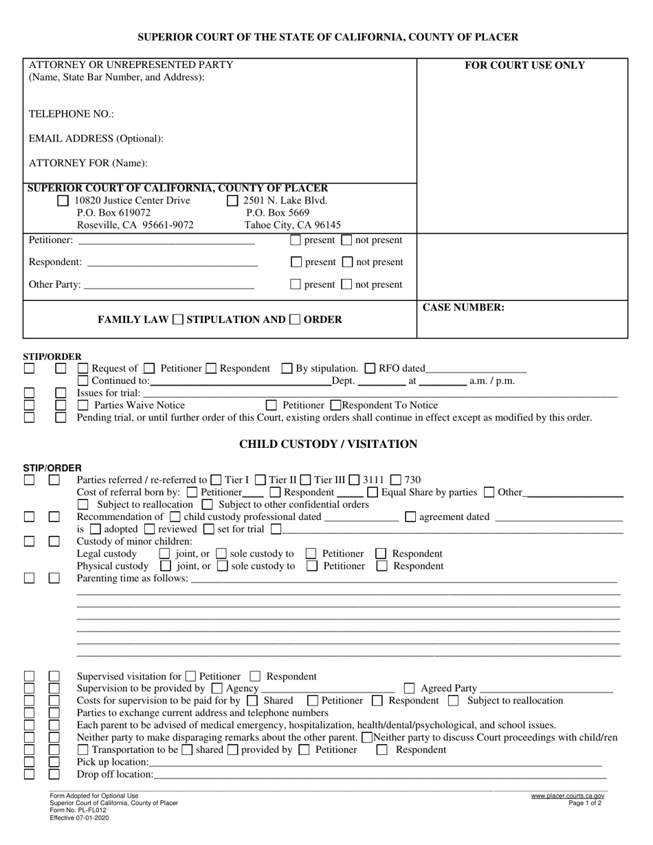 Form PL-FL012 Family Law Stipulation and Order - County of Placer, California, Page 1