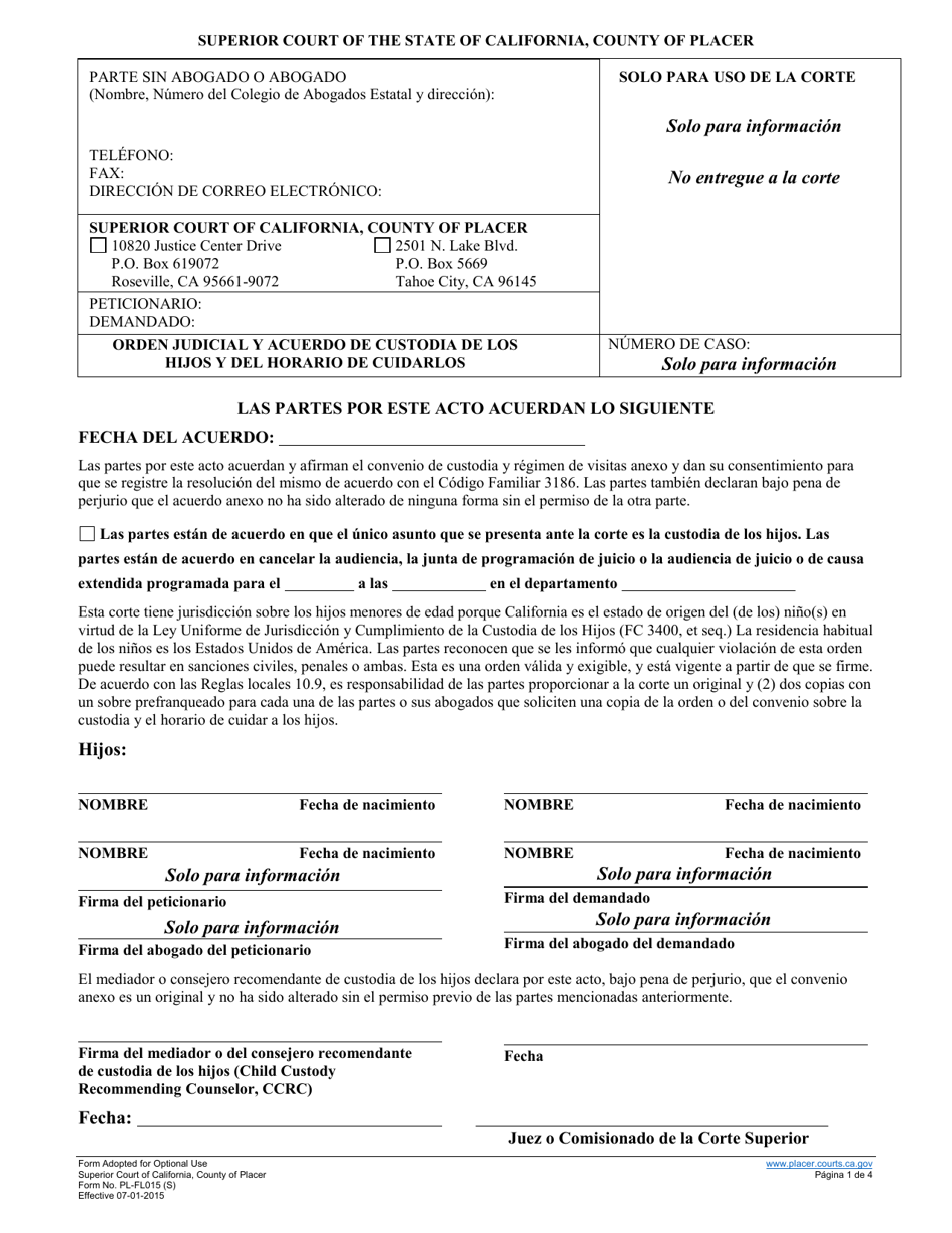 Formulario PL-FL017 Orden Judicial Y Acuerdo De Custodia De Los Hijos Y Del Horario De Cuidarlos - County of Placer, California (Spanish), Page 1