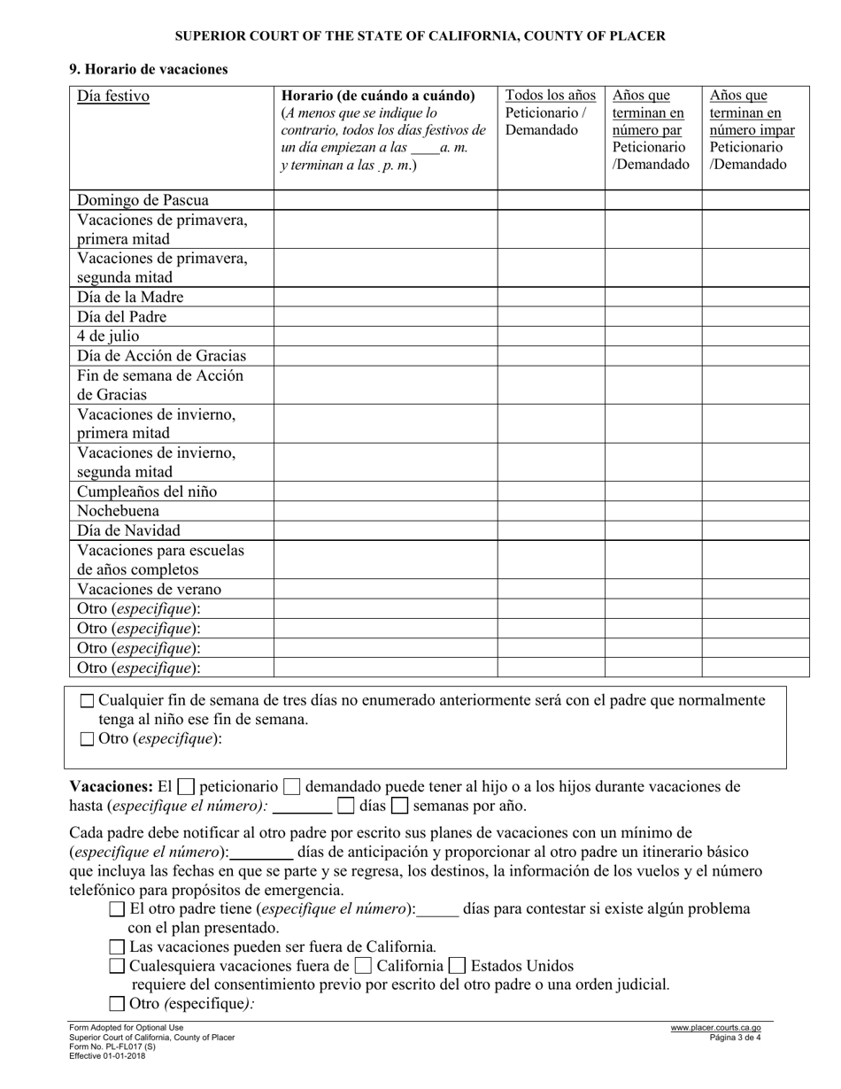 Formulario PL-FL017 Orden Judicial Y Acuerdo De Custodia De Los Hijos Y Del Horario De Cuidarlos - County of Placer, California (Spanish), Page 3
