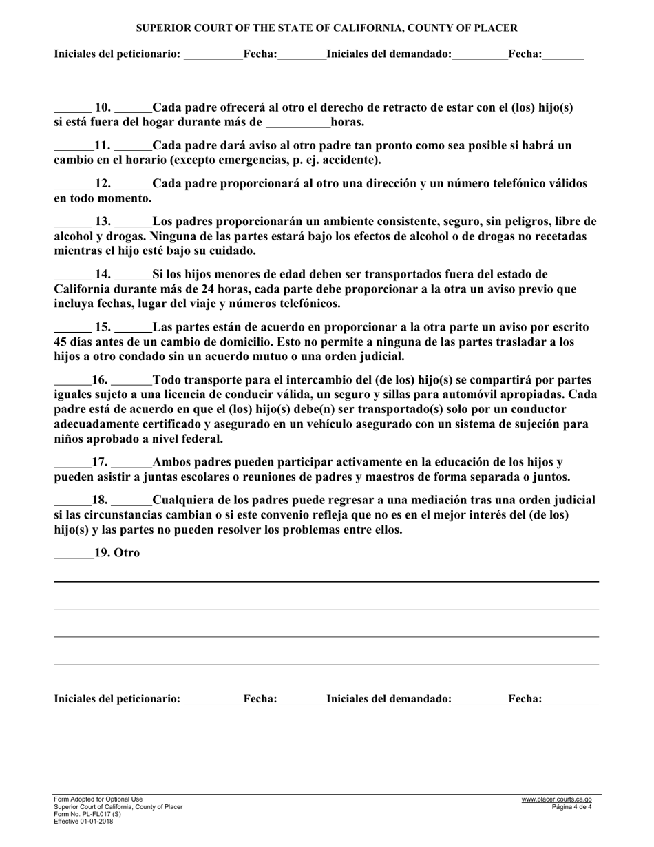 Formulario PL-FL017 Orden Judicial Y Acuerdo De Custodia De Los Hijos Y Del Horario De Cuidarlos - County of Placer, California (Spanish), Page 4