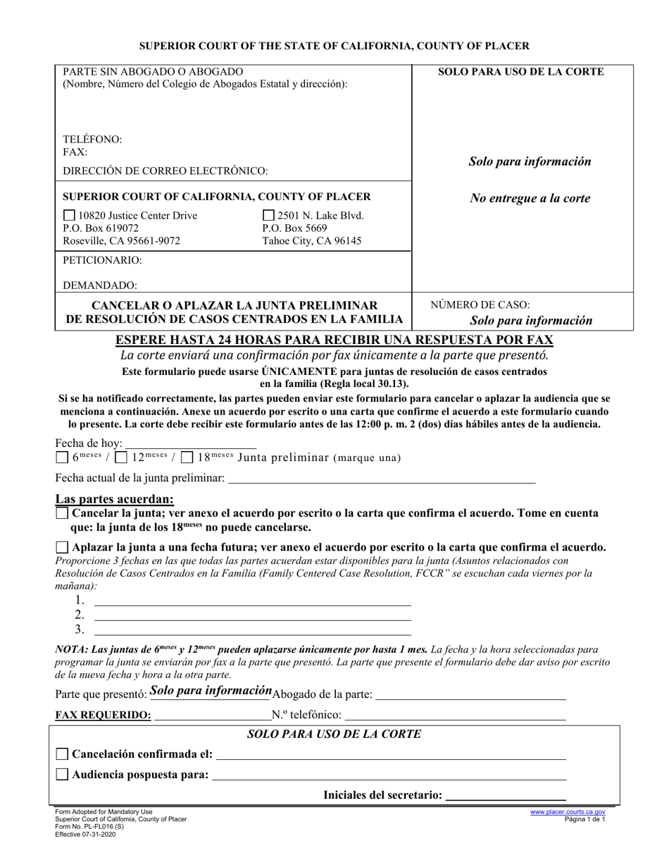 Formulario PL-FL018 Cancelar O Aplazar La Junta Preliminar De Resolucion De Casos Centrados En La Familia - County of Placer, California (Spanish), Page 1
