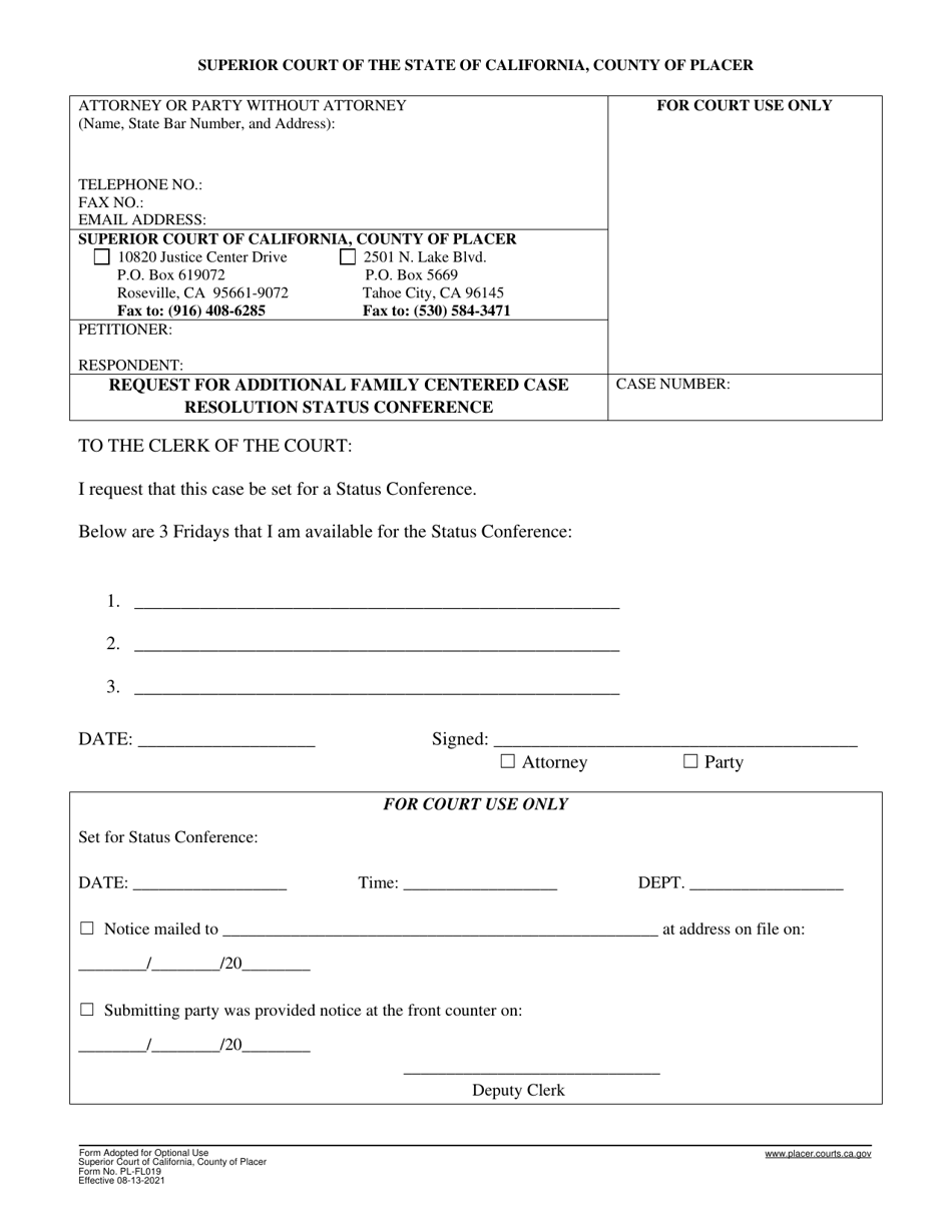 Form PL-FL019 Request for Additional Family Centered Case Resolution Status Conference - County of Placer, California, Page 1