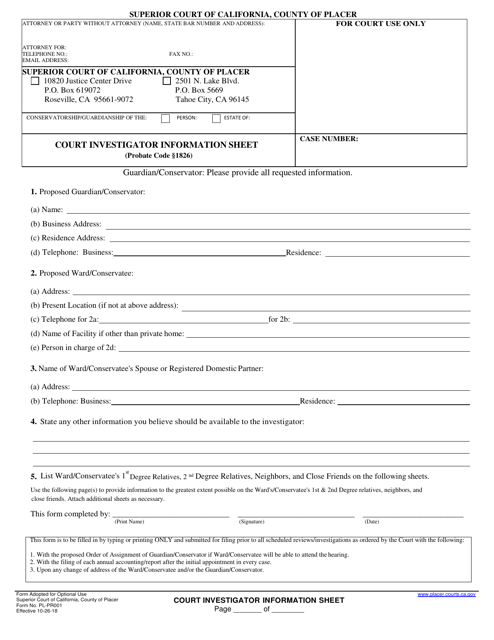 Form PL-PR001 Court Investigator Information Sheet - County of Placer, California