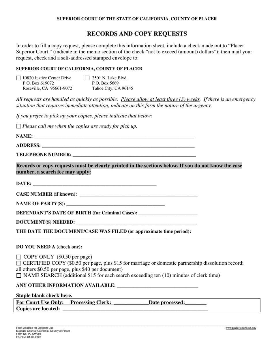 Form PL-CW001 Records and Copy Requests - County of Placer, California, Page 1