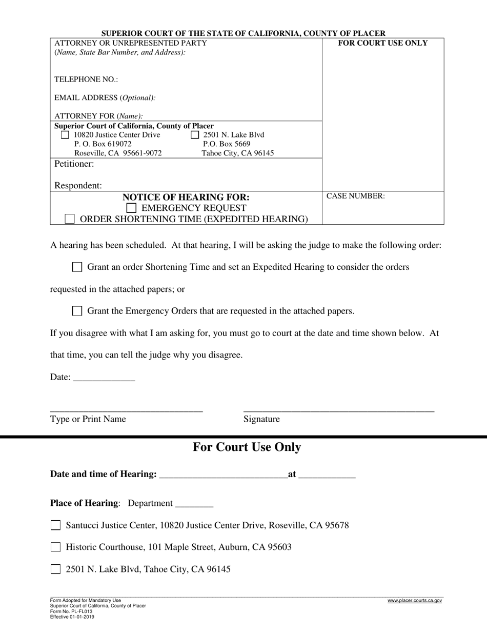 Form PL-FL013 Notice of Hearing for Emergency Request or Order Shortening Time (Expedited Hearing) - County of Placer, California, Page 1