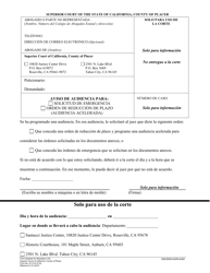 Document preview: Formulario PL-FL013 Aviso De Audiencia Para Solicitud De Emergencia/Orden De Reduccion De Plazo (Audiencia Acelerada) - County of Placer, California (Spanish)