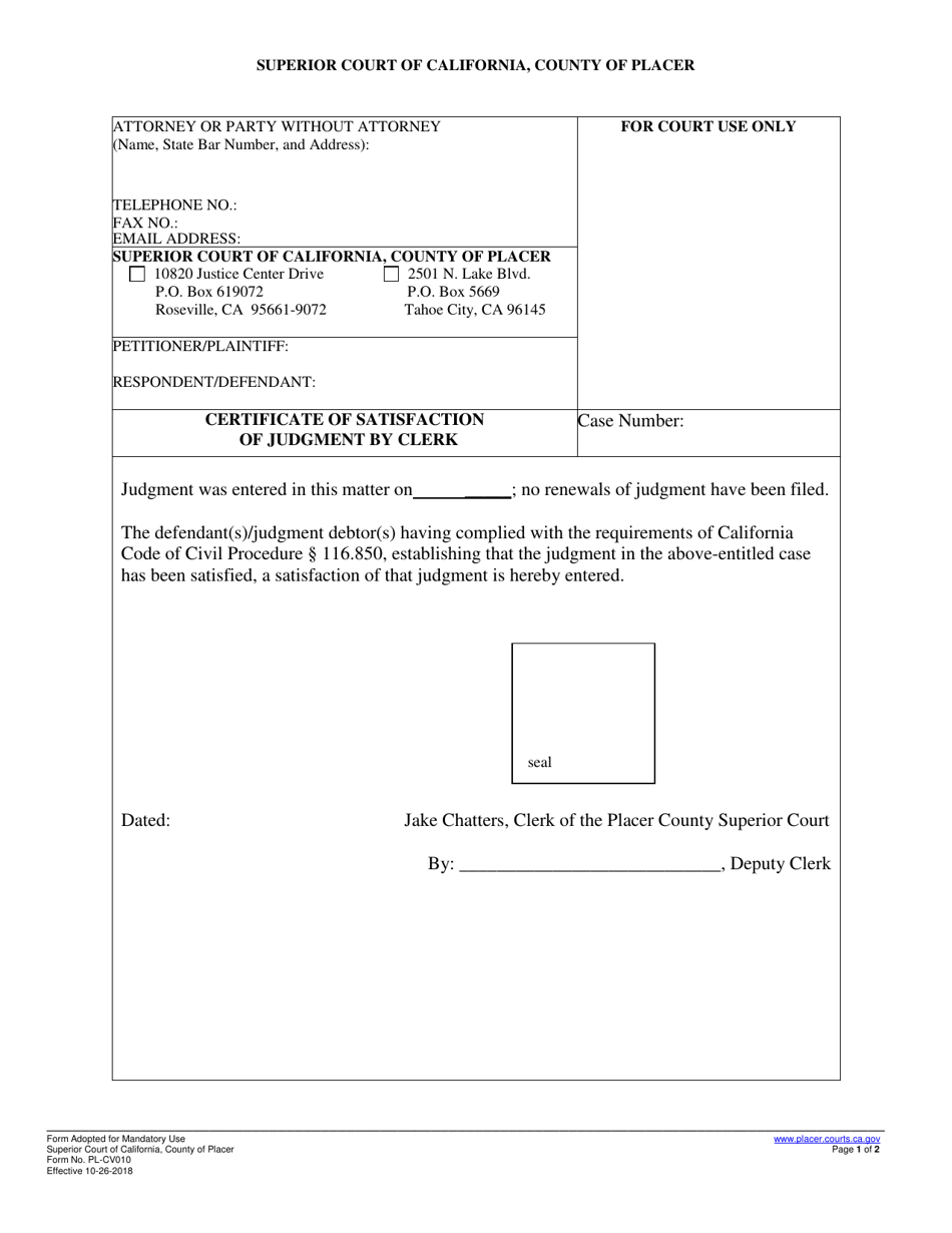 Form PL-CV010 Certificate of Satisfaction of Judgment by Clerk - County of Placer, California, Page 1