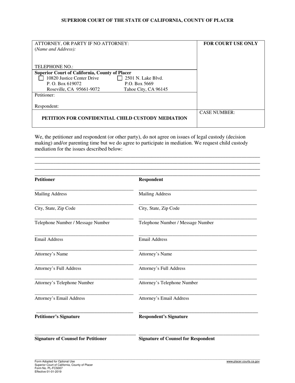 Form PL-FCS007 Petition for Confidential Child Custody Mediation - County of Placer, California, Page 1