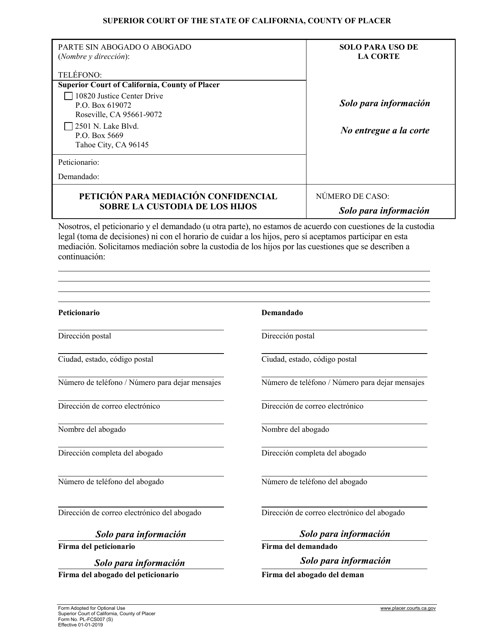 Formulario PL-FCS007 Peticion Para Mediacion Confidencial Sobre La Custodia De Los Hijos - County of Placer, California (Spanish)