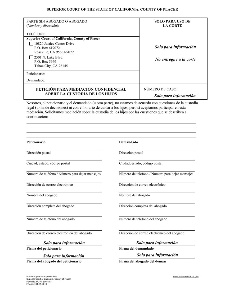 Formulario PL-FCS007 Peticion Para Mediacion Confidencial Sobre La Custodia De Los Hijos - County of Placer, California (Spanish), Page 1