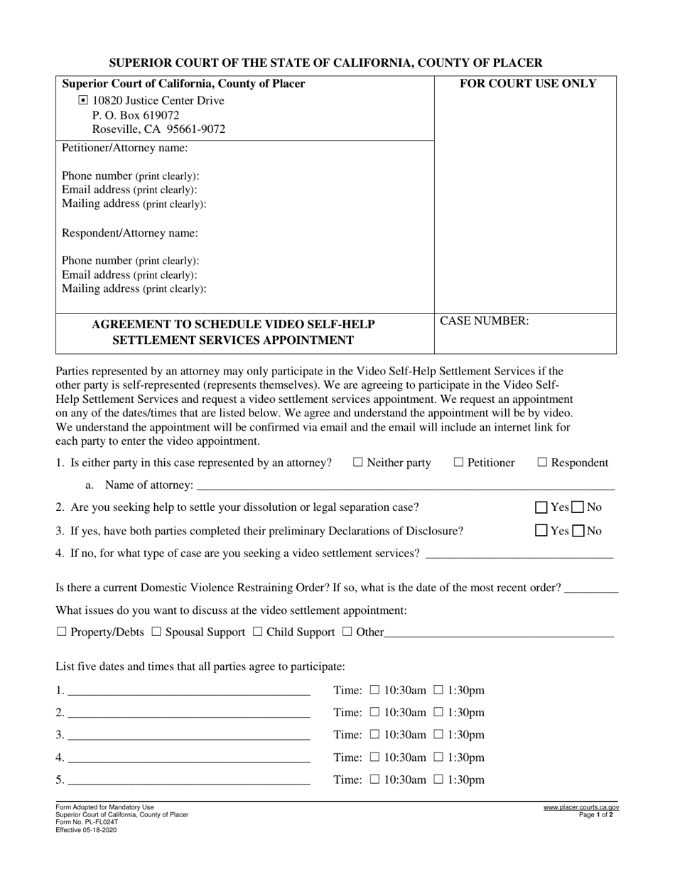 Form PL-FL024T Agreement to Schedule Video Self-help Settlement Services Appointment - County of Placer, California, Page 1